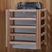 The Harvia stove for Golden Designs Gargellen 5 Person Hybrid Outdoor Sauna mounted on a cedar wall inside a slatted light wood safety guard