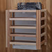 The Harvia stove for Golden Designs Kuusamo 6 Person Traditional Sauna mounted on a cedar wall inside a slatted light wood safety guard