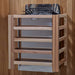 The Harvia stove for Golden Designs St. Moritz 2 Person Barrel Traditional Sauna mounted on a cedar wall inside a slatted light wood safety guard