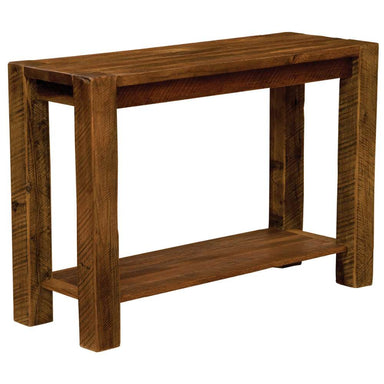 The image shows Fireside Lodge Barnwood Post Sofa Table, a simple rustic wooden table with thick legs and a lower shelf