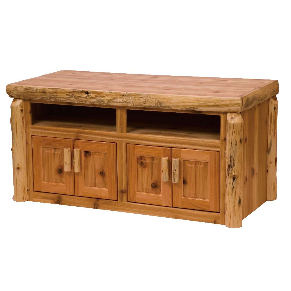 The image shows Fireside Lodge Cedar Log Widescreen Television Stand, a rustic cedar log TV stand with two open shelves and four cabinet doors