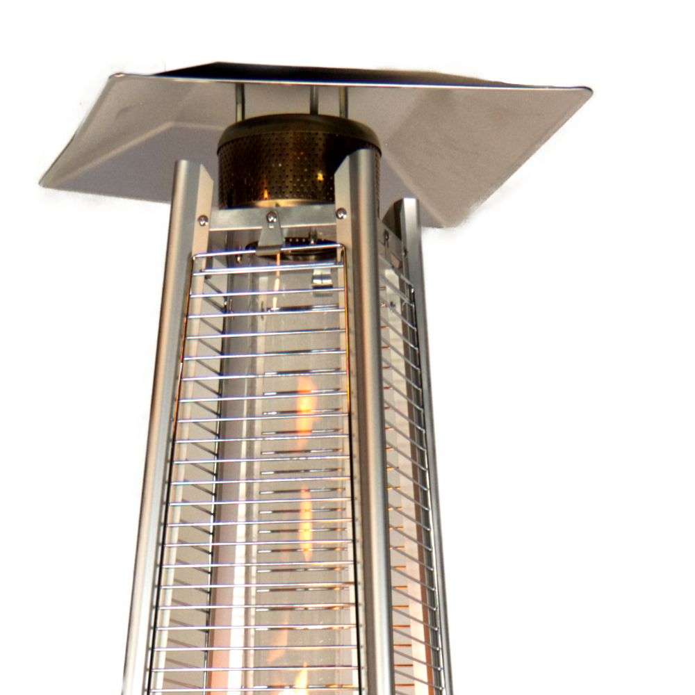 The square stainless hood and the top of the flame-lit glass tube on Outdoor Order PrismQuad Tower Heater are shown up close