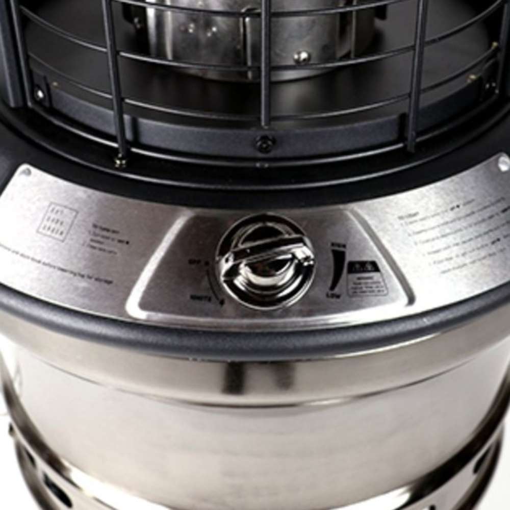 The stainless control plate on Outdoor Order Axis Collapsible Heater shows a round gas knob beneath the wire grate