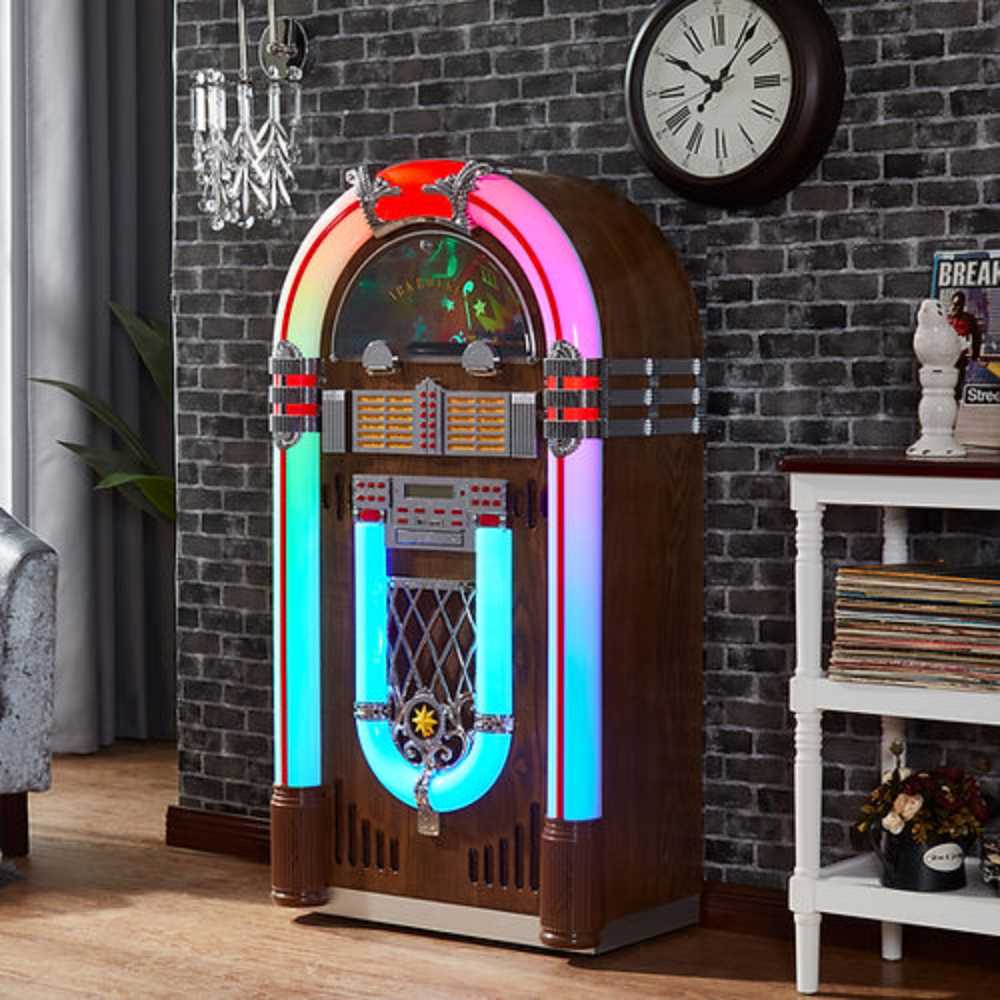 The Arkrocket Saturn V Full Size Bluetooth Vinyl Record Jukebox sits against a stylish brick wall