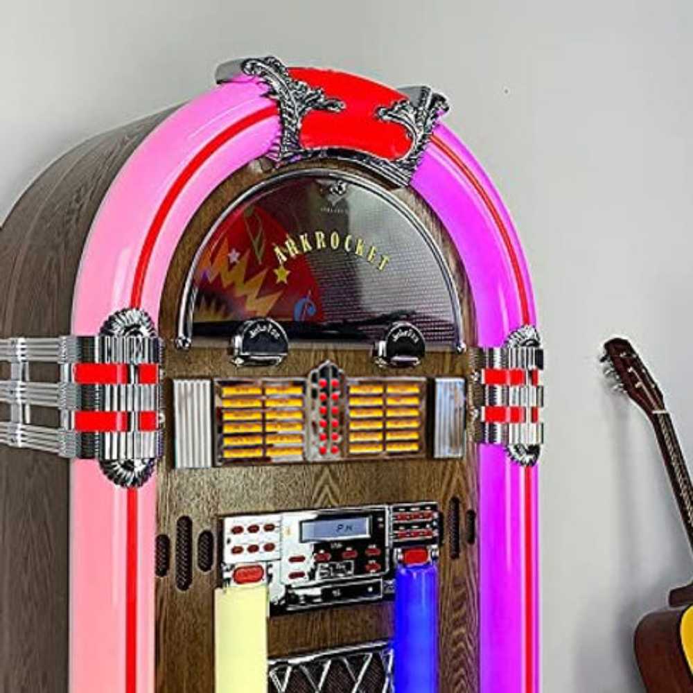 The Arkrocket Saturn V Full Size Bluetooth Vinyl Record Jukebox stands out in a bright room