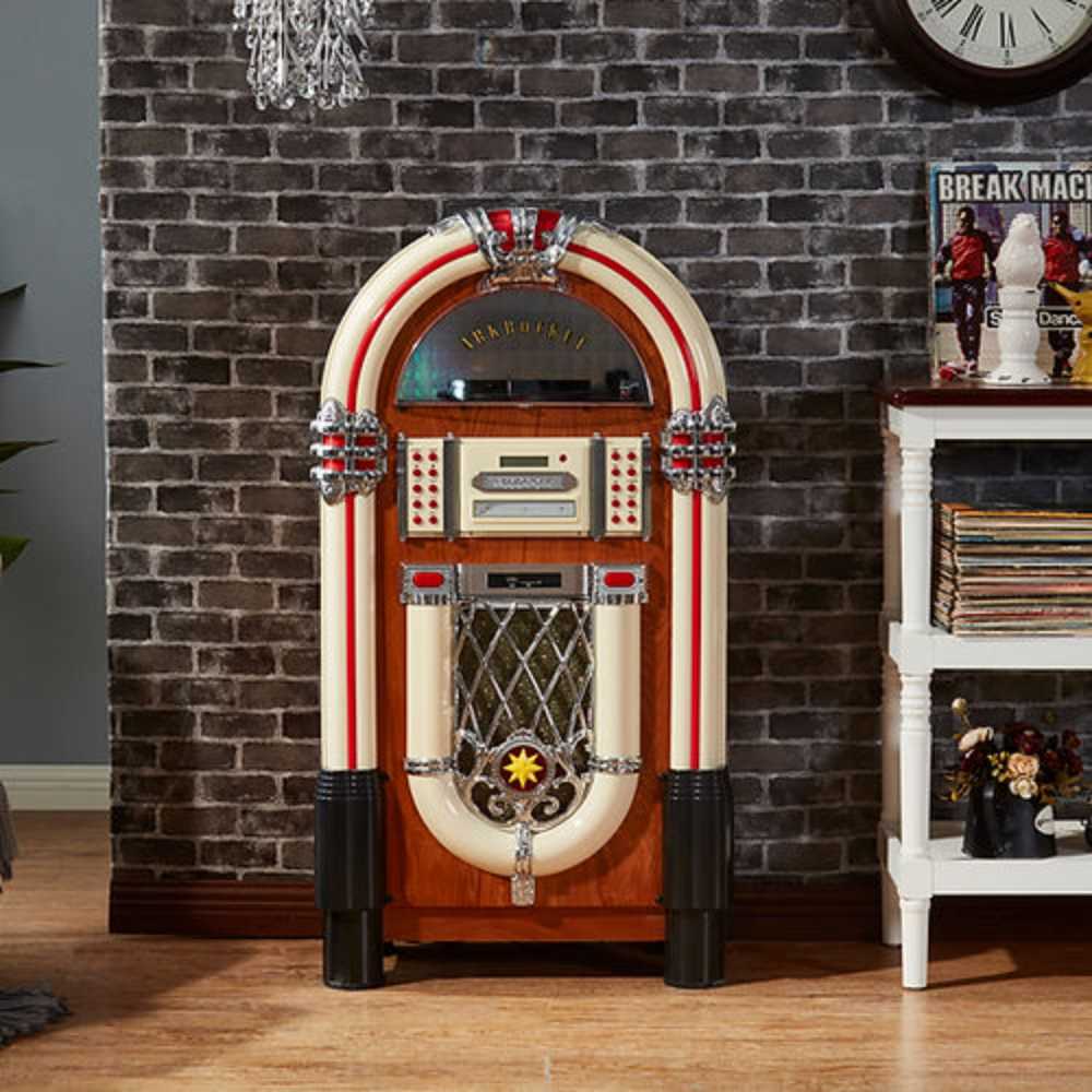 The Arkrocket Taurus Jukebox - Classic 2024 New Upgrade stands proudly against a brick wall in a stylish room setup