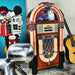 The Arkrocket Taurus Jukebox with Stand - Classic 2024 New Upgrade in a stylish room, standing next to a guitar and art decor