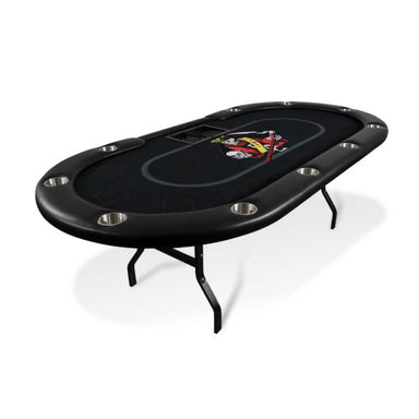 The BBO Poker Tables Aces Pro Plus Poker Table in a side view showcases its sleek black design with built-in stainless steel cup holders