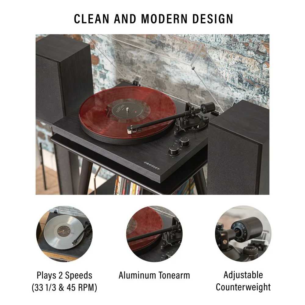 The Crosley C62C Turntable System - Black with features like dual playback speeds, an aluminum tonearm, and an adjustable counterweight