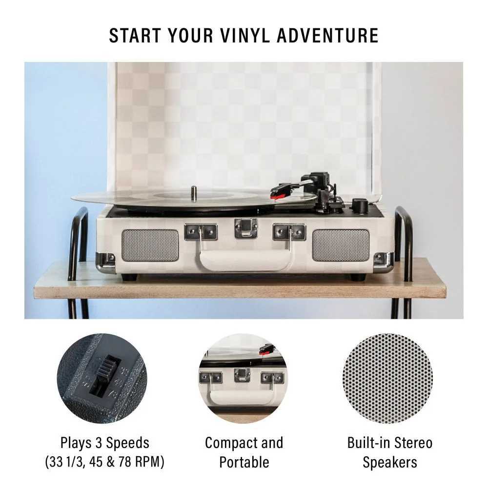 The Crosley Cruiser Plus Portable Turntable with Bluetooth InOut - Almond Checkerboard is displayed with key features, including speed settings, portability, and built-in speakers