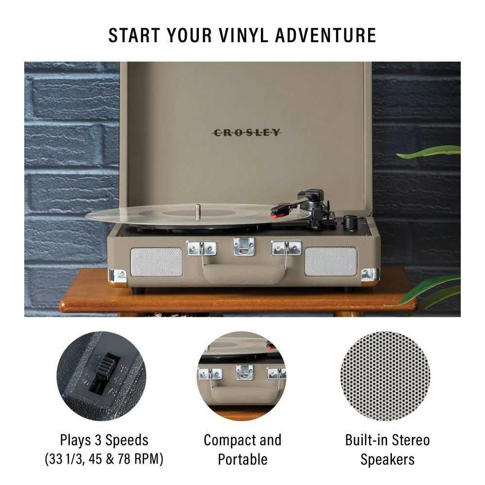 The Crosley Cruiser Plus Portable Turntable with Bluetooth InOut - Taupe highlights its compact design, 3-speed functionality, and built-in stereo speakers