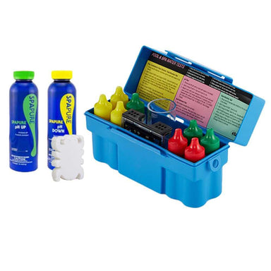 The Dreampod Ice Bath Starter Kit includes a blue box filled with various colored bottles, a pH testing vial, and pH up and down solutions