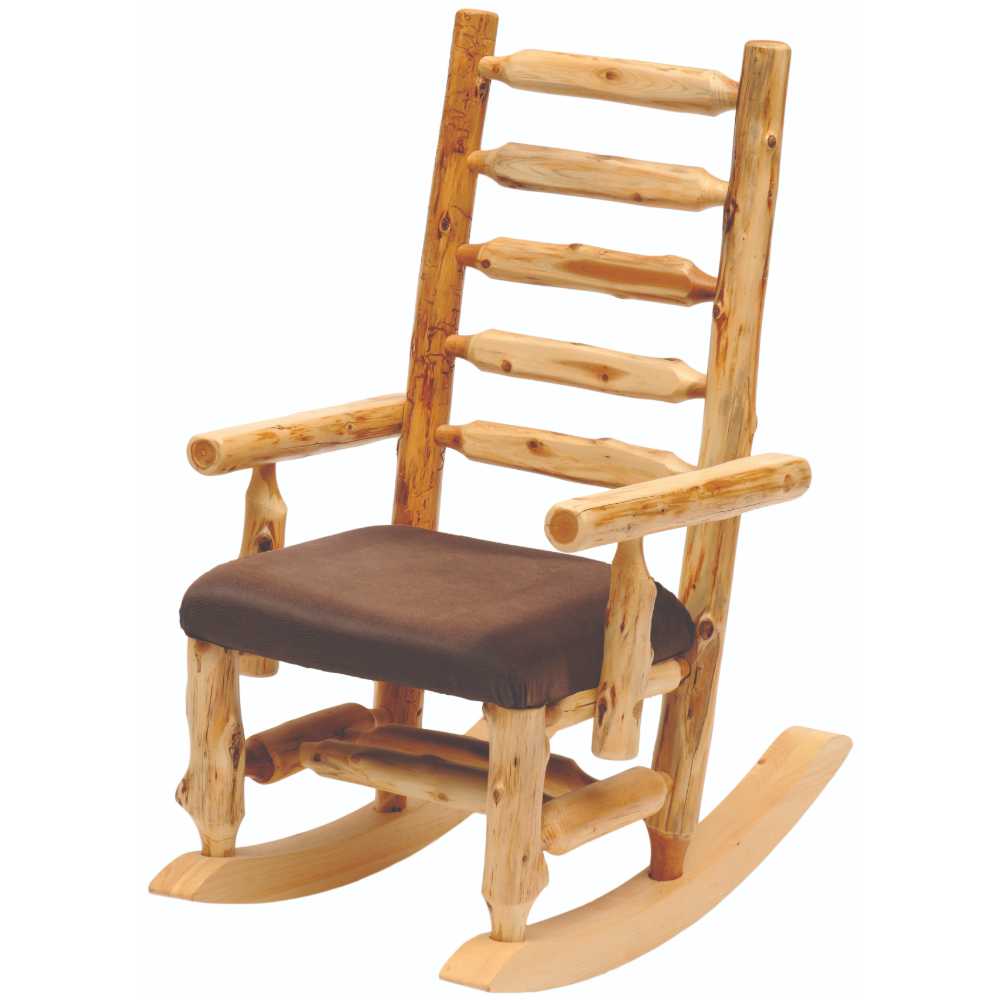 The Fireside Lodge Rocking Chair with Log Backrest is a handcrafted wooden rocker with a sturdy log frame, a ladder-style backrest, and a cushioned seat for added comfort