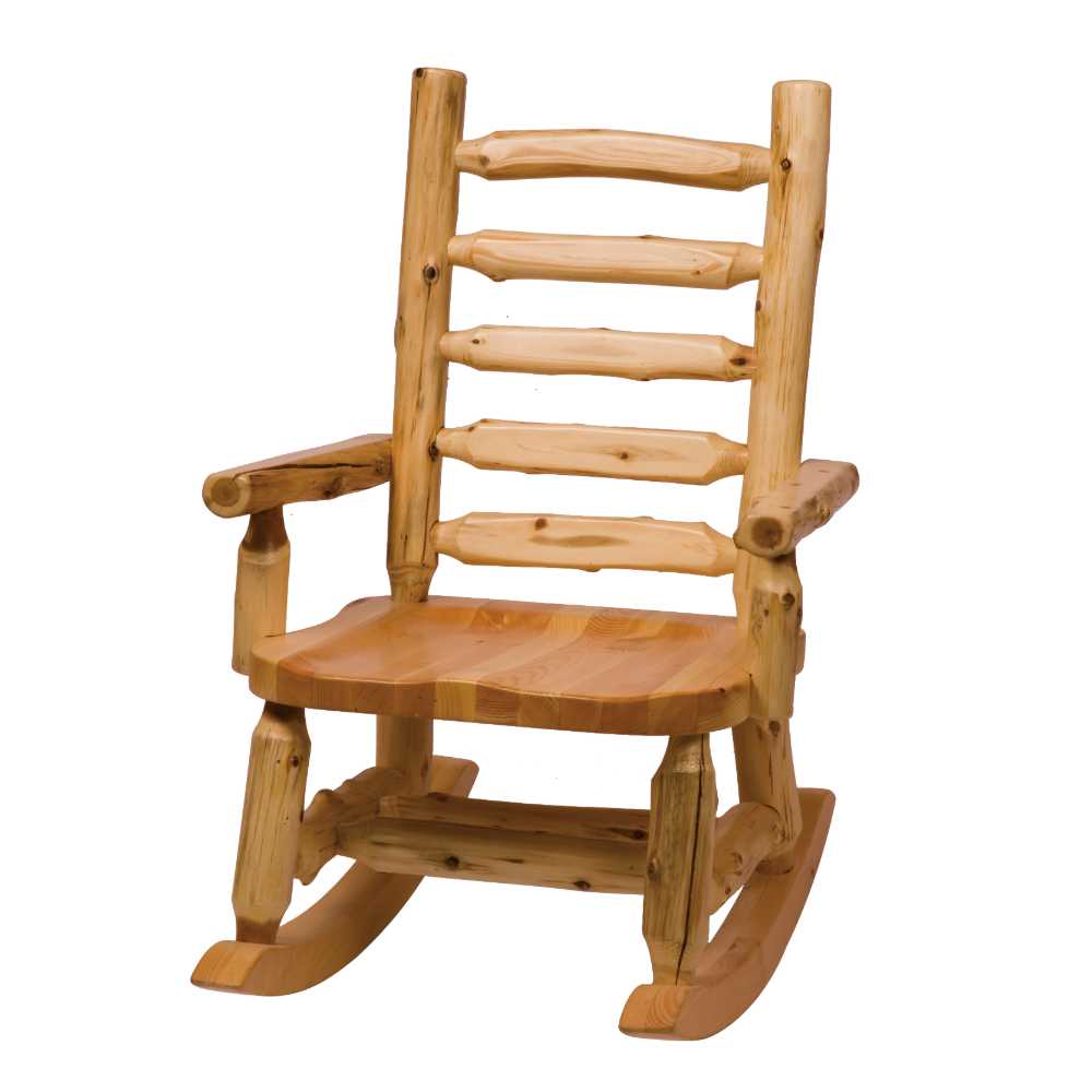 The Fireside Lodge Rocking Chair with Log Backrest is a handcrafted wooden rocking chair with a sturdy log frame, a contoured seat, and a rustic ladder-style backrest