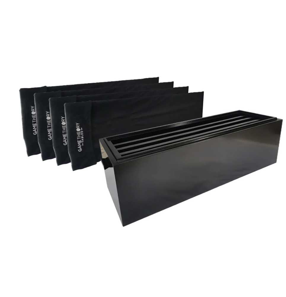 The Game Theory Tables Bench For Origins Game Table includes black storage bags labeled with the brand, neatly organized alongside the main unit