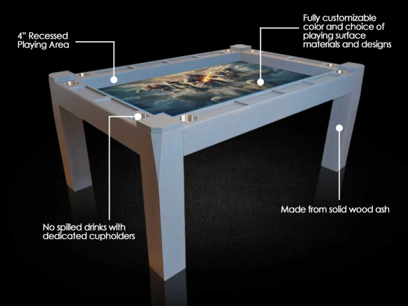 The Game Theory Tables Origins Lit Game Table design highlights a recessed play area, customizable materials, and cup holders