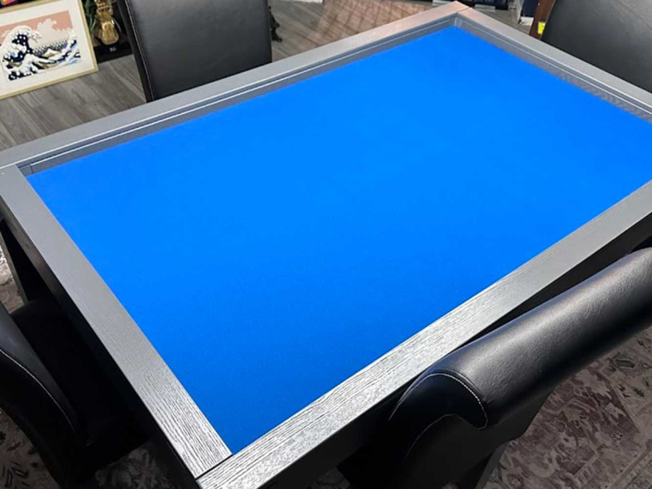 The Game Theory Tables The Meeples Champion Game Table with a vibrant blue felt surface