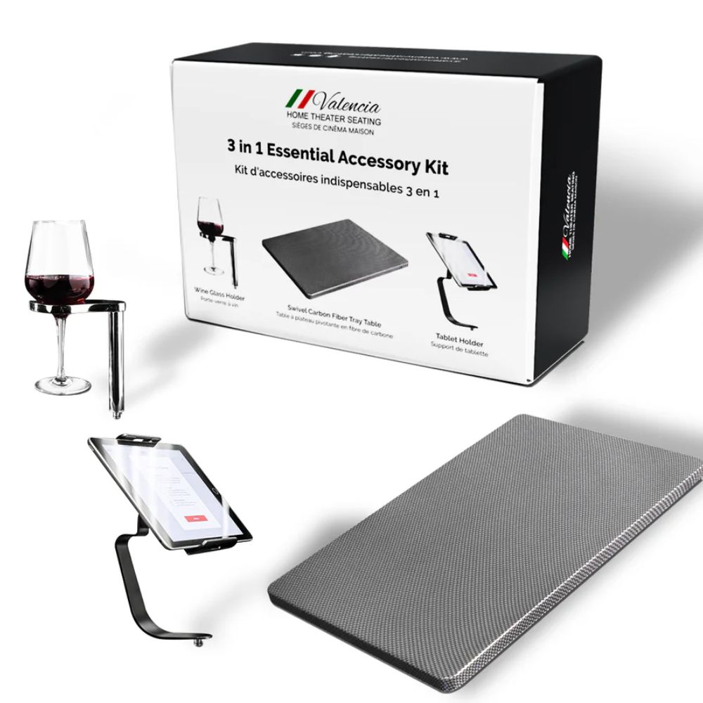 The Valencia Home Theater Seating Accessories 3-in-1 Essential Kit includes a wine glass holder, tablet holder, and carbon fiber tray table