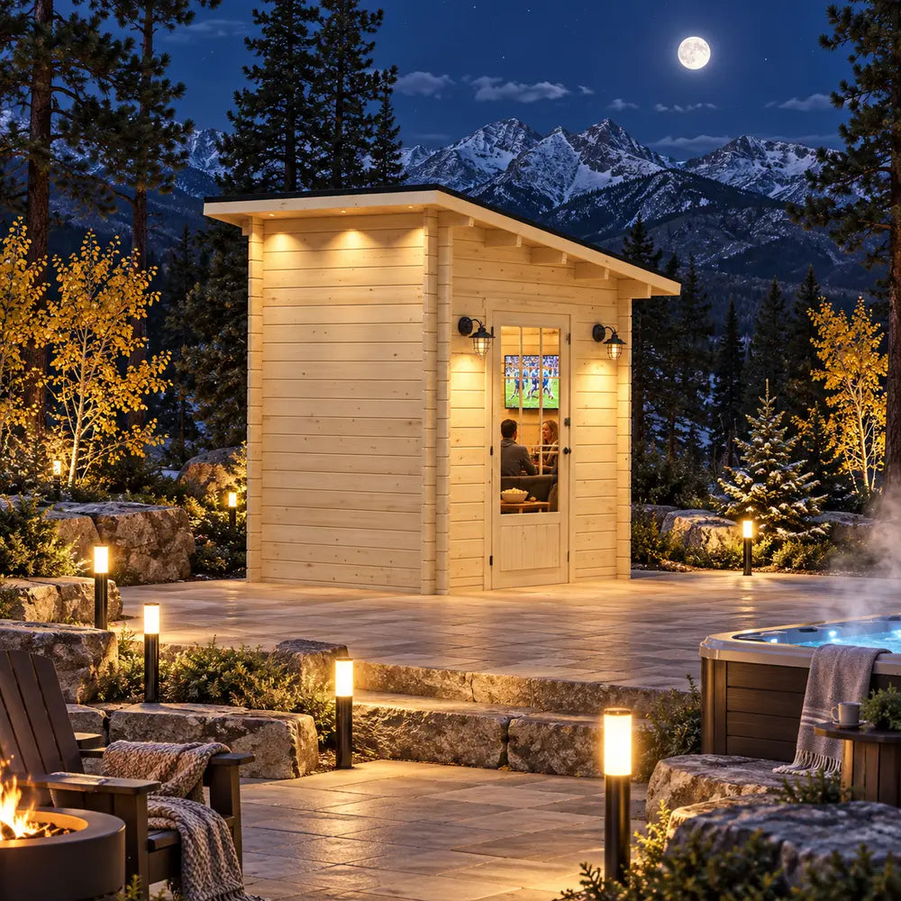 The Cube Loft 100 Freedom Office illuminated on a clear Colorado night, with adults watching sports inside beside a steaming hot tub, lodgepole pines, granite landscaping, and snowy Rocky Mountain peaks.
