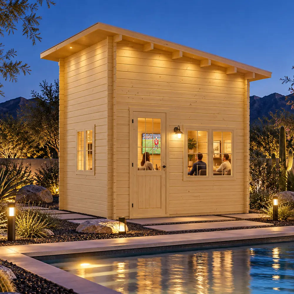 The Cube Loft 100 Freedom Office illuminated at night beside a Nevada backyard pool, with three adults enjoying sports inside and desert landscaping surrounding the structure.
