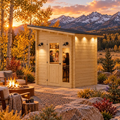 The Cube Loft 100 Freedom Office at golden hour in Colorado, featuring a compact entertainment bar, friends socializing, a fireside lounge, golden aspens, and rugged mountain views.
