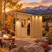 The Cube Loft 100 Freedom Office at golden hour in Colorado, featuring a compact entertainment bar, friends socializing, a fireside lounge, golden aspens, and rugged mountain views.
