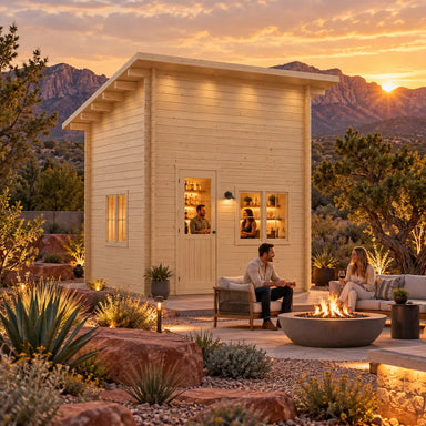 The Cube Loft 100 Freedom Office at golden hour in Nevada, featuring a compact entertainment bar, friends socializing, a modern fire feature, and red-rock landscaping.