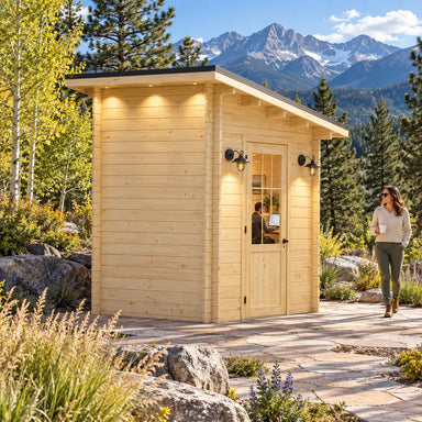 The Cube Loft 100 Freedom Office in a sunny Colorado mountain setting, with a compact workspace visible through the glazed door among aspens, pines, granite boulders, and snowcapped peaks.
