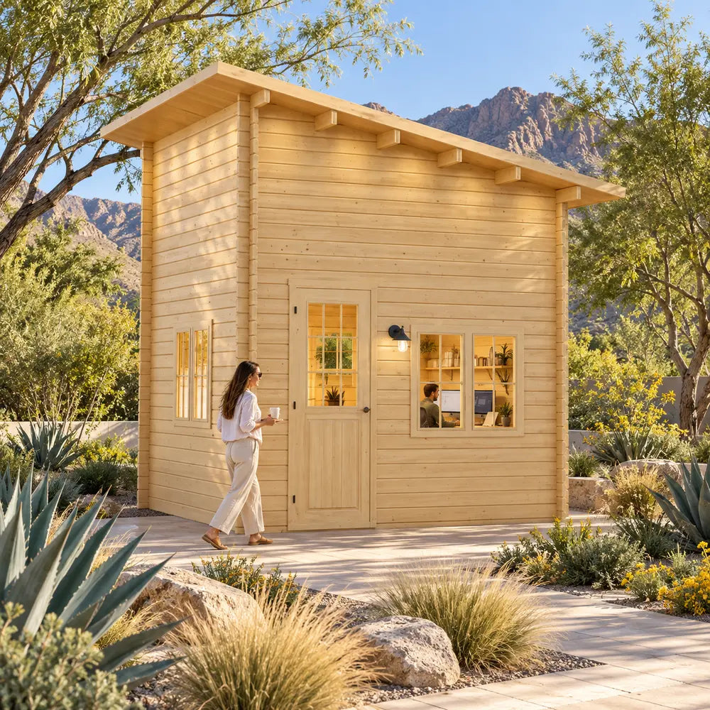 The Cube Loft 100 Freedom Office from a front-left angle in a sunny Nevada garden, with a furnished workspace visible through the windows and desert mountains beyond. 