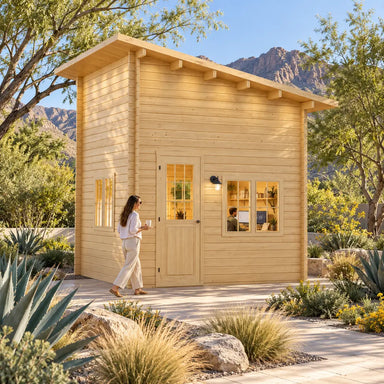 The Cube Loft 100 Freedom Office from a front-left angle in a sunny Nevada garden, with a furnished workspace visible through the windows and desert mountains beyond. 