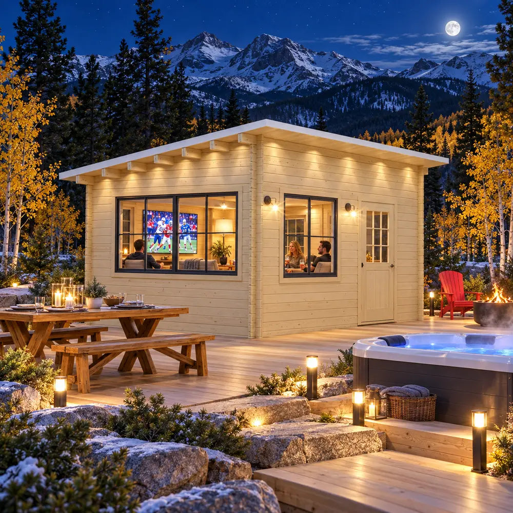 The Eze Breeze Sunroom Cabin Freedom Office illuminated on a clear Colorado night, with adults watching sports through the expansive windows beside a steaming hot tub and snowy Rocky Mountain peaks.
