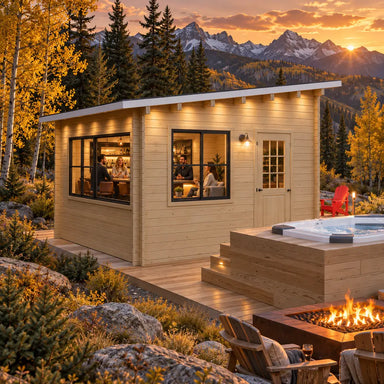 The Eze Breeze Sunroom Cabin Freedom Office at golden hour in Colorado, featuring friends gathered around a compact bar beside a hot tub, fire feature, golden aspens, and rugged mountain scenery.
