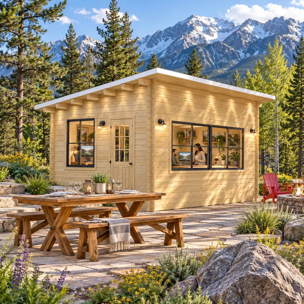 The Eze Breeze Sunroom Cabin Freedom Office in a sunny Colorado mountain setting, with a professional workspace visible through its black-framed windows amid pines, aspens, granite boulders, and snowcapped peaks.
