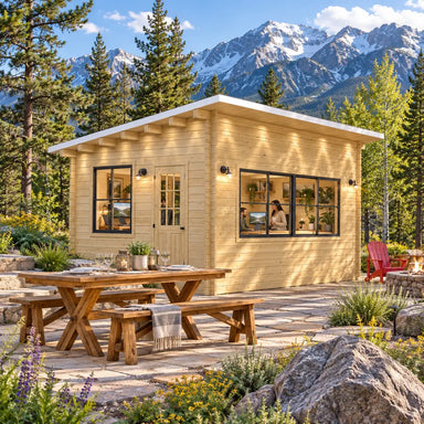 The Eze Breeze Sunroom Cabin Freedom Office in a sunny Colorado mountain setting, with a professional workspace visible through its black-framed windows amid pines, aspens, granite boulders, and snowcapped peaks.

