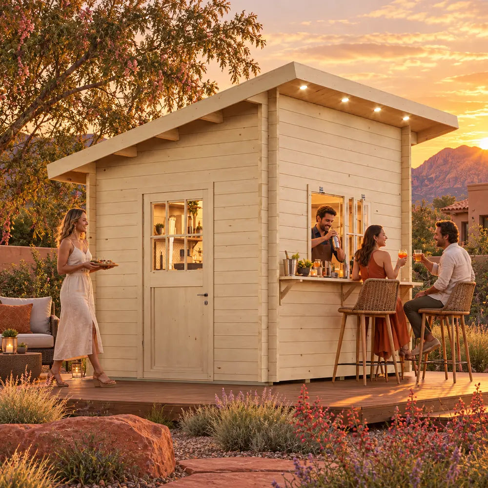 The Lakeside Versa Cabana 67 Freedom Bar glowing at golden hour in a Nevada backyard, as friends enjoy cocktails and appetizers around the outdoor counter.