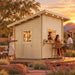 The Lakeside Versa Cabana 67 Freedom Bar glowing at golden hour in a Nevada backyard, as friends enjoy cocktails and appetizers around the outdoor counter.