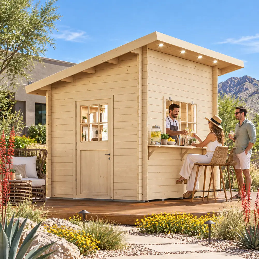 The Lakeside Versa Cabana 67 Freedom Bar in a sunny Nevada backyard, with three adults enjoying drinks beside the serving window amid colorful desert landscaping.