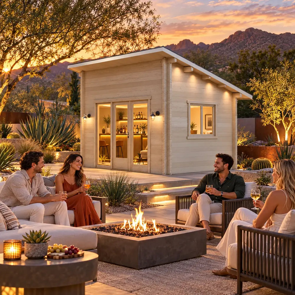 The Versa 107 70MM Freedom Office transformed into an intimate backyard bar at golden hour, with four friends socializing around a fire feature in an upscale Nevada landscape.
