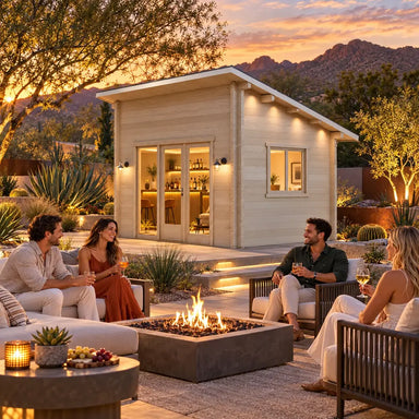 The Versa 107 70MM Freedom Office transformed into an intimate backyard bar at golden hour, with four friends socializing around a fire feature in an upscale Nevada landscape.
