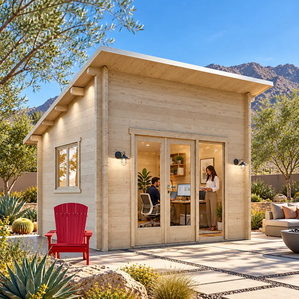 The Versa 107 70MM Freedom Office configured as a compact home office, with two adults working inside a sunny luxury Nevada backyard surrounded by desert plants and mountain views.
