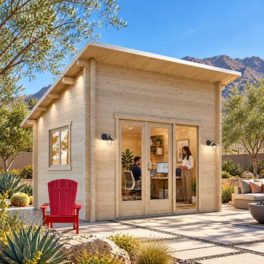 The Versa 107 70MM Freedom Office configured as a compact home office, with two adults working inside a sunny luxury Nevada backyard surrounded by desert plants and mountain views.
