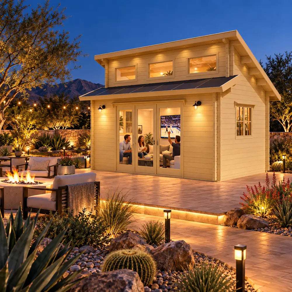 The Versa 160 Atrium 70MM Freedom Office glowing during a bright Nevada night as friends watch a sports game inside, surrounded by illuminated desert plants and distant mountains.
