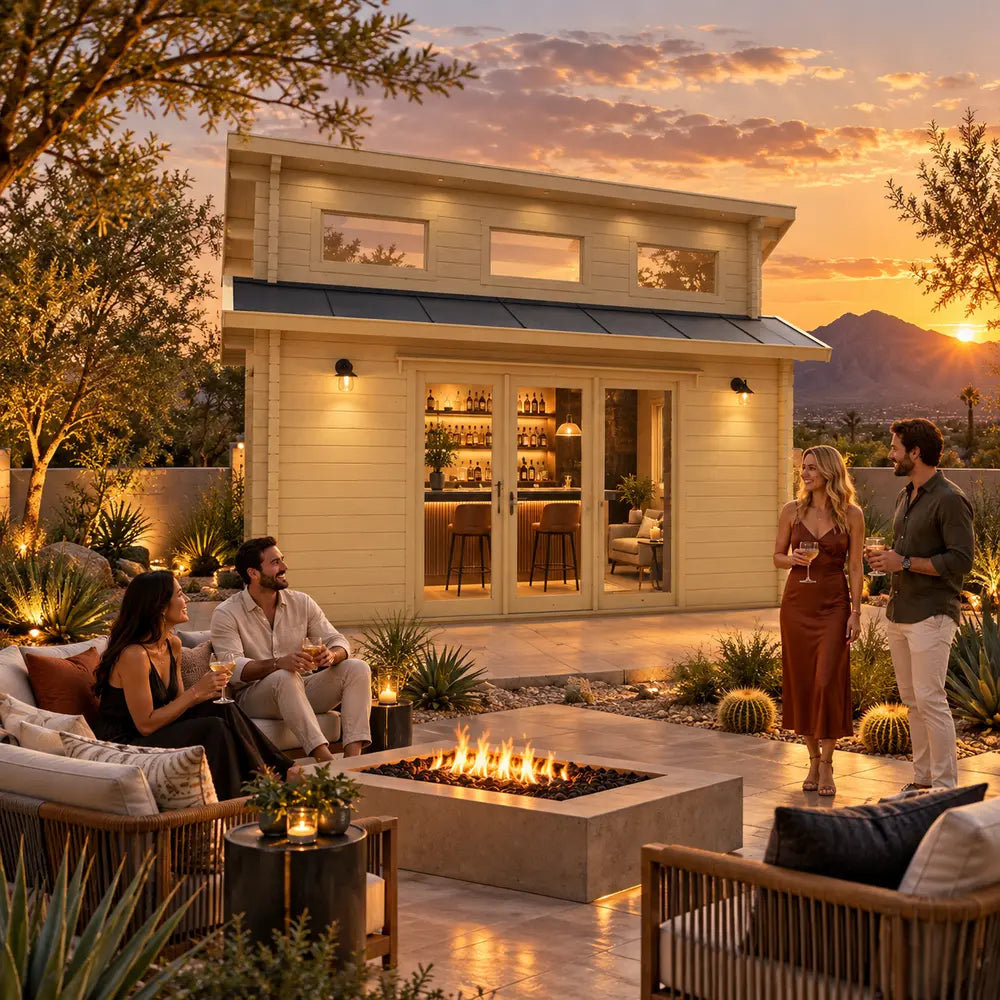 The Versa 160 Atrium 70MM Freedom Office transformed into an elegant backyard bar at golden hour, with four friends socializing around a fire feature in a landscaped Nevada setting.
