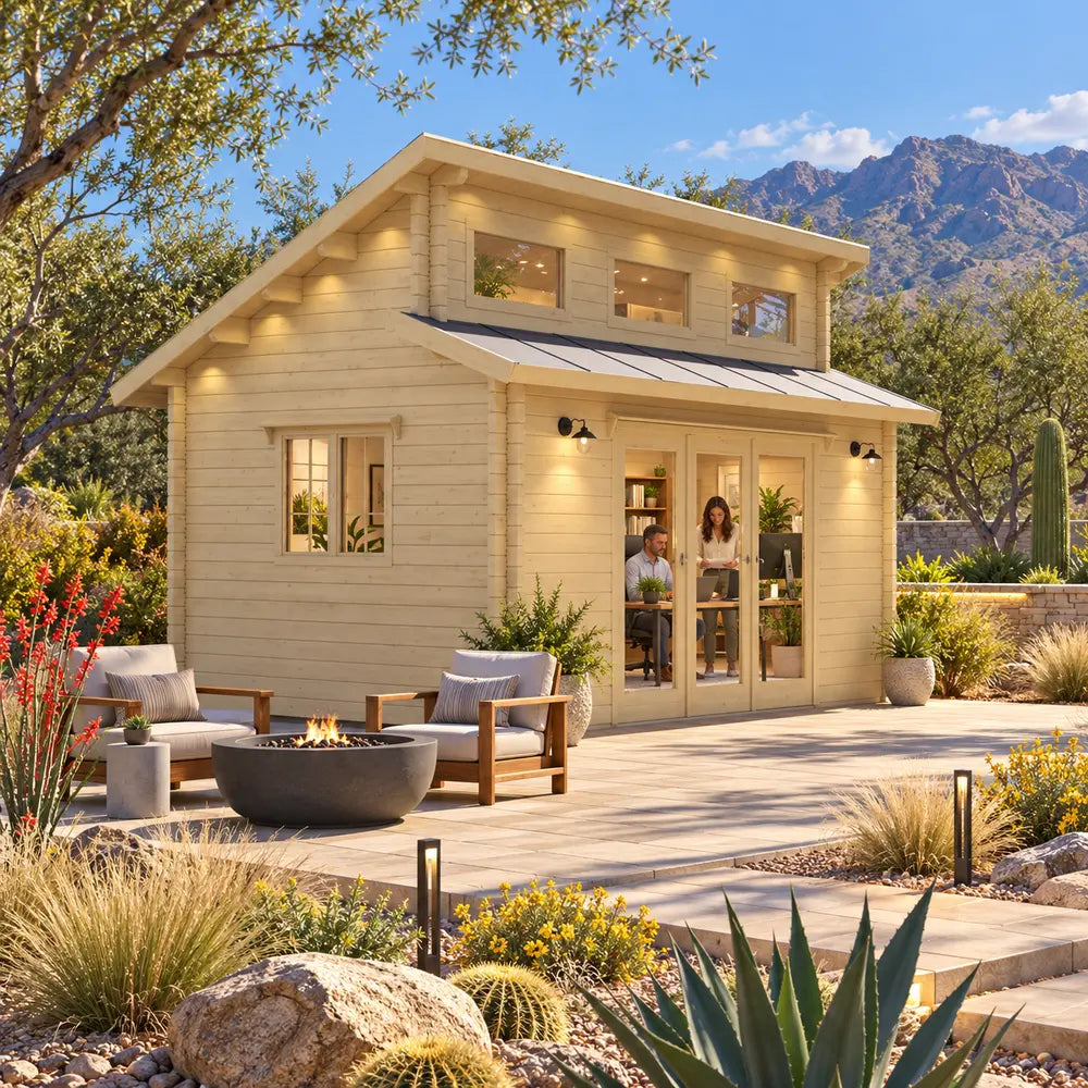The Versa 160 Atrium 70MM Freedom Office configured as a bright home office, with two adults working inside an upscale Nevada backyard with desert landscaping and mountain views.
