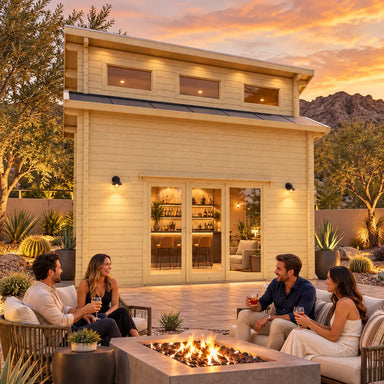 The Versa 160 Atrium Freedom Loft Studio transformed into an elegant backyard bar at golden hour, with four friends socializing around a fire feature in a landscaped Nevada setting.
