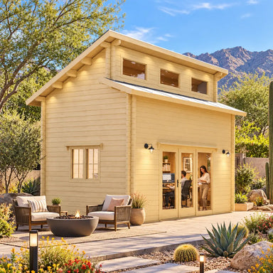 The Versa 160 Atrium Freedom Loft Studio configured as a bright home office, with two adults working inside an upscale Nevada backyard surrounded by desert plants and mountain views.
