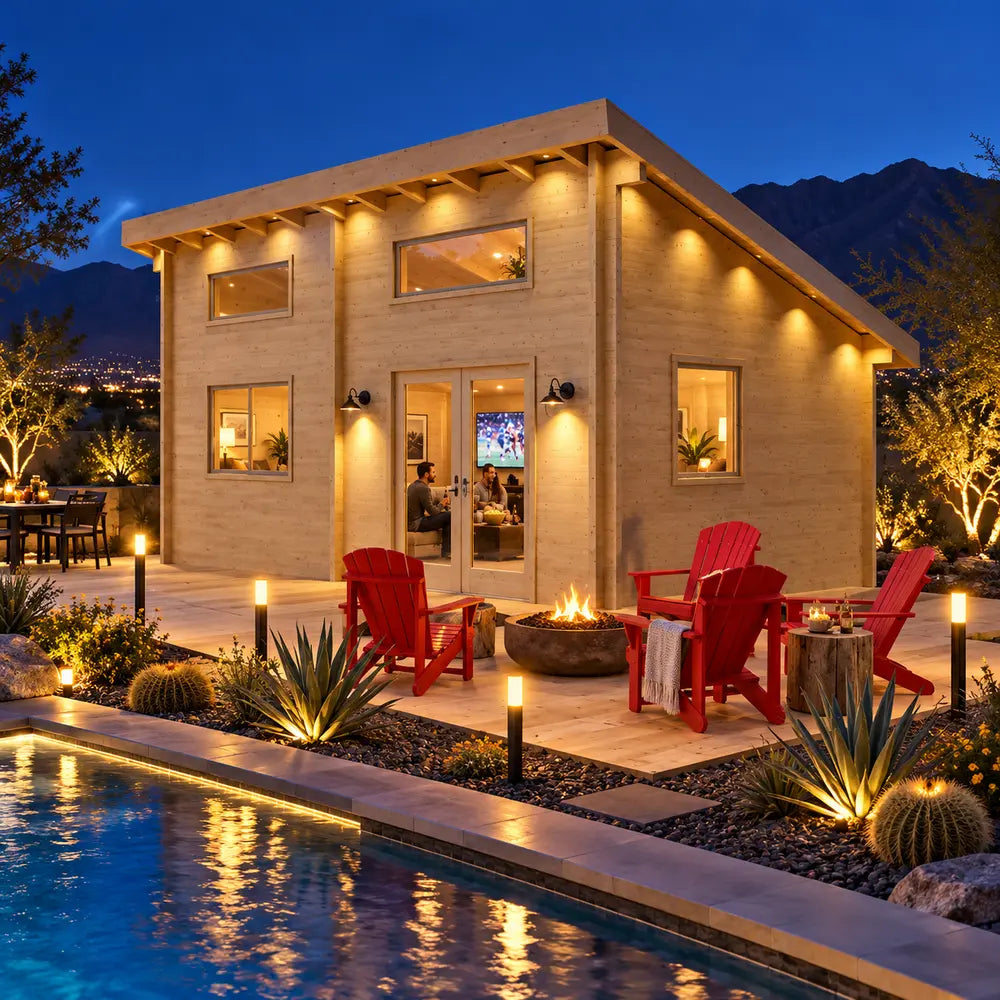 The Versa 240 70MM Freedom Office illuminated at night in a Nevada backyard, with friends watching sports inside beside a pool, fire pit, and desert garden.
