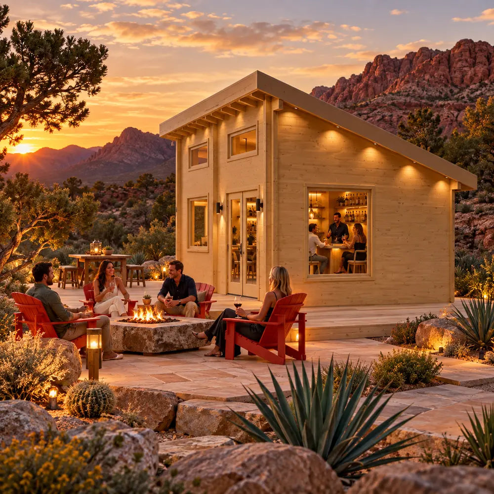 The Versa 240 70MM Freedom Office at golden hour in Nevada, transformed into a compact bar where friends gather beside a fire feature and red-rock mountains.
