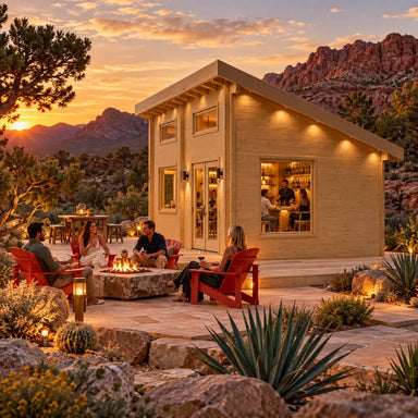 The Versa 240 70MM Freedom Office at golden hour in Nevada, transformed into a compact bar where friends gather beside a fire feature and red-rock mountains.
