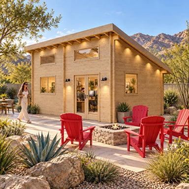 The Versa 240 70MM Freedom Office in a sunny Nevada backyard, featuring a furnished workspace, desert landscaping, mountain views, and an outdoor fire pit.
